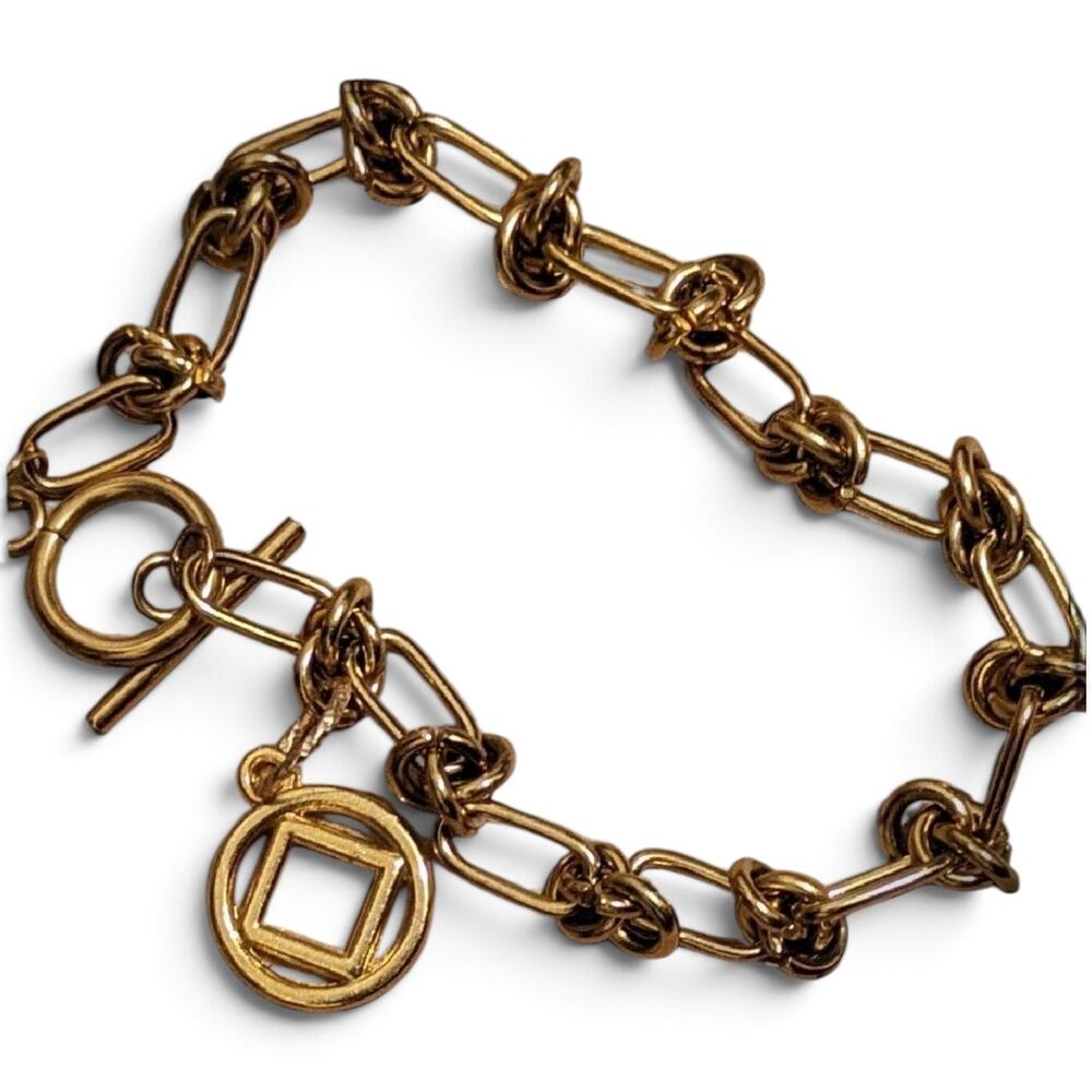 Gold Narcotics Anonymous NA Symbol Charm Bracelet on Stainless Steel Rope Chain